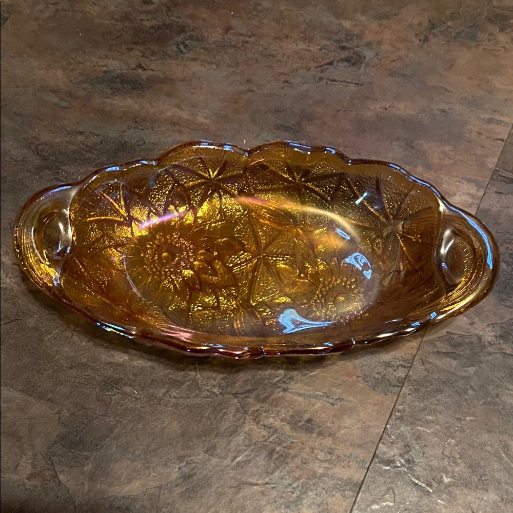 Iridescent Amber Carnival Glass Oval Serving Dish